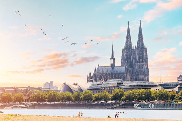 Scenic view of the Rhine River beach and the Cologne skyline with picturesque birds and recognizable architectural silhouettes of the famous Koln Cathedral stock photo