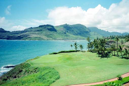 A vintage 1980s film photograph high angle view of the lush green Hawaiian coastline