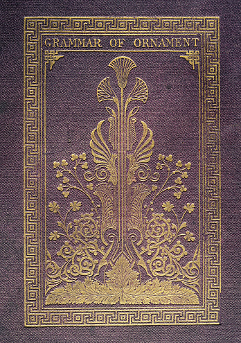 Vintage illustration grammar of Ornament book cover design, Art Nouveau, Gold embossed floral pattern with meander or Greek Key border