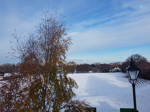 Local Public Park of Luton City is Covered with Snow, drone's camera footage