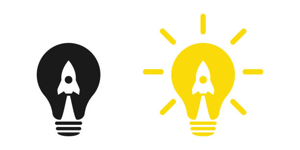 ÐÑÐ½Ð¾Ð²Ð½ÑÐµ RGB Lamp and rocket. Light bulb and airplane symbol or icon. Takeoff concept rocketship silhouettes stock illustrations