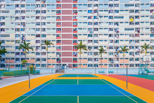 The iconic landmark in Hong Kong, Public Housing in Kowloon, Choi Hung Estate and the playground within, daytime