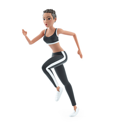 3d sporty character woman running, illustration isolated on white background