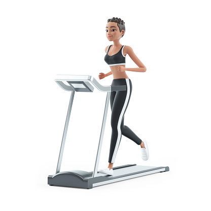 3d sporty character woman running on treadmill, illustration isolated on white background