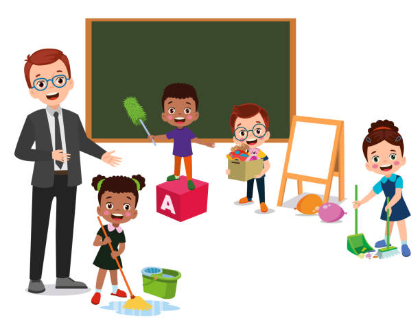 cute students cleaning classroom at school cute students cleaning classroom at school school cleaning stock illustrations