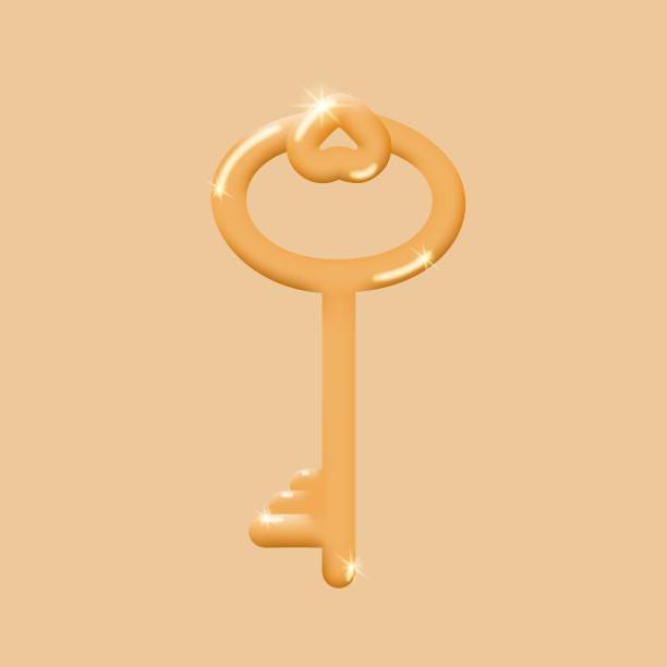istock Golden shiny key 3d on a beige background. The concept of protection and security. Keyhole key. Vector illustration. 1449891322