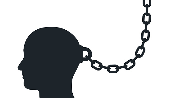 Man silhouette head trapped with chain. Depicting closed mind, depression or slavery. Vector illustration.