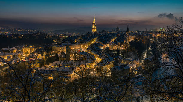 Old town of Bern at night stock photo