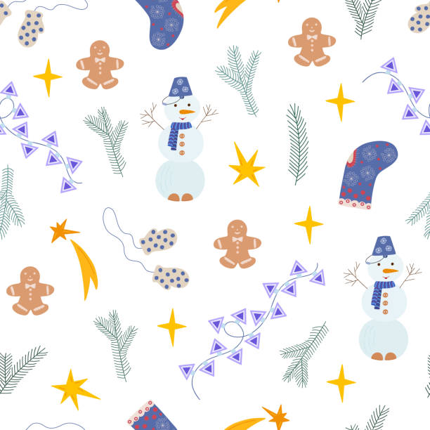 istock Snowman, stocking, fir-tree branch, stars, ginger man seamless pattern, cute cartoon doodle vector illustration for kids textile, gift paper decor, symbol of Christmas winter holiday time 1449897521