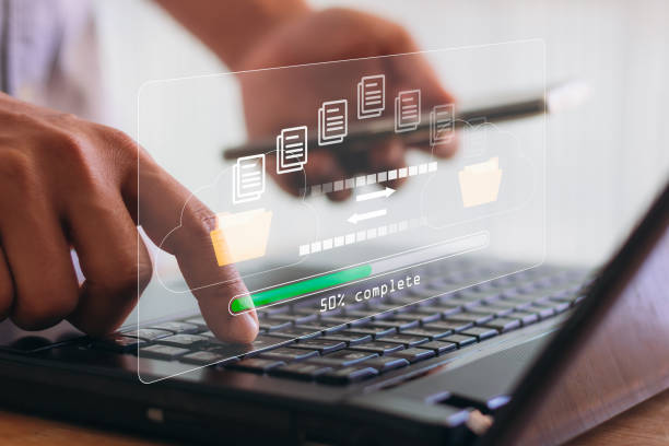 transfer files data system relocation with internet cloud technology concept. person hand using laptop computer waiting for transfer file process with loading bar icon on virtual screen. - uitwisselen stockfoto's en -beelden