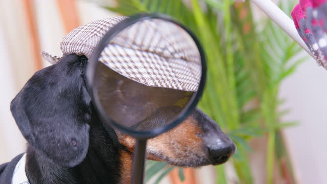 Elderly dog pensioner poor eyesight magnifying loupe reads fine print