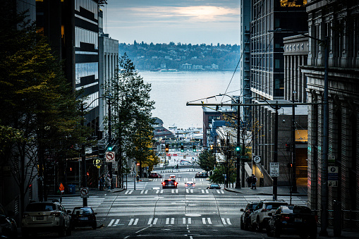 Seattle street with ocean as background