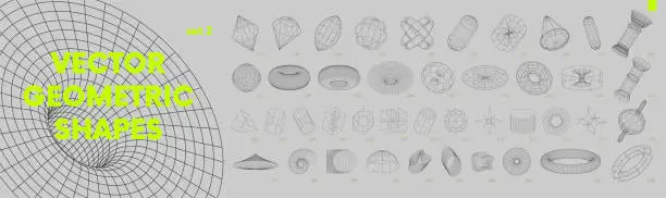 Vector illustration of Collection of strange wireframes vector 3d geometric shapes, distortion and transformation of figure, set of different linear form inspired by brutalism, graphic design elements, set 2