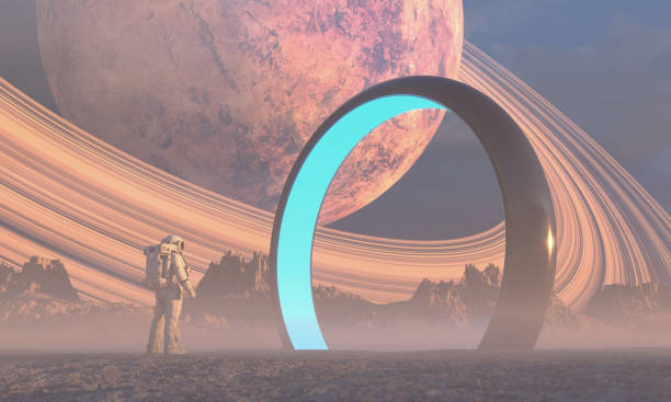 Astronaut in front of dimensional portal stock photo