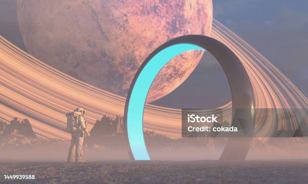 Astronaut In Front Of Dimensional Portal Stock Photo - Download Image Now - Outer Space, Gate, Futuristic