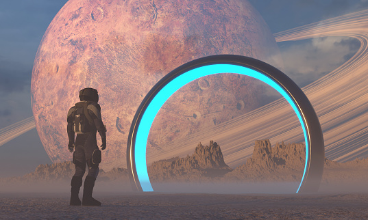 Astronaut in front of dimensional portal