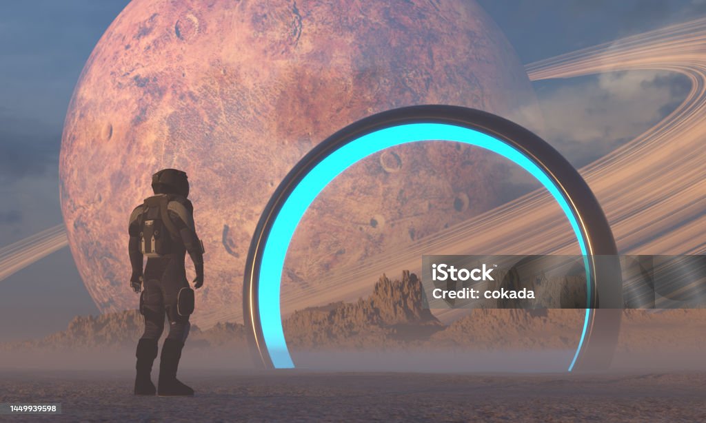 Astronaut in front of dimensional portal Futuristic Stock Photo