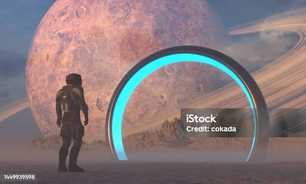 Astronaut In Front Of Dimensional Portal Stock Photo - Download Image Now - Futuristic, Landscape - Scenery, Fantasy
