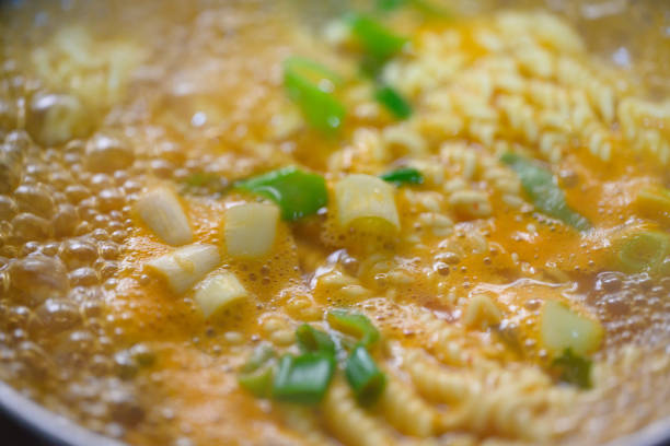 Delicious Korean instant ramen dish being cooked in a pot