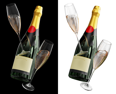 3D Party Background, Champagne Bottle With Glasses Floating, Celebration Concept Isolated on Black and White Background With Clipping Path