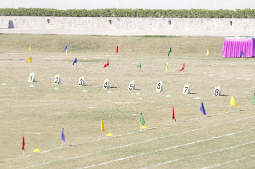 View of school ground prepared for sports day