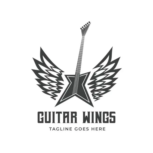 Vector illustration of Electric Guitar logo with wings Music shop vintage label design element template grunge style