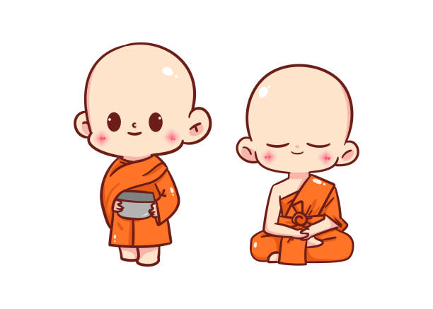 illustrazioni stock, clip art, cartoni animati e icone di tendenza di monaci buddisti personaggio del fumetto mano disegnare illustrazione d'arte - buddha thailand spirituality wisdom