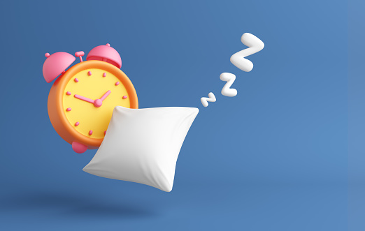 pillow alarm clock orange bedroom time snooze dream night morning day alert sleep. Start the day overtime work sleepless wake up late of tiredness and fresh sleep until appointment. 3D Illustration.
