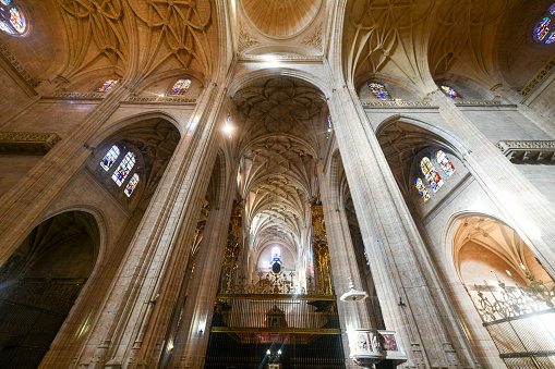 Segovia, Spain - Nov 27, 2021: Ancient architecture ceiling of Cathedral of Segovia interior view in Spain.