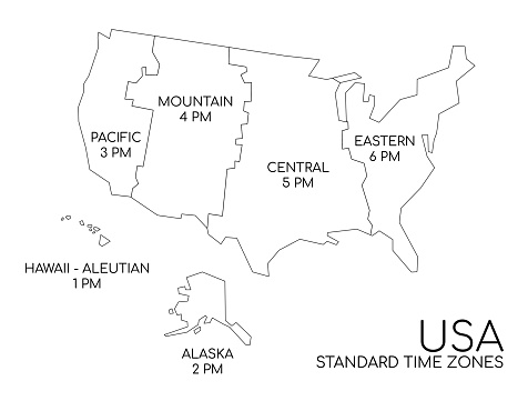 Vector illustration of the map of the United States of America with the standard time zones.