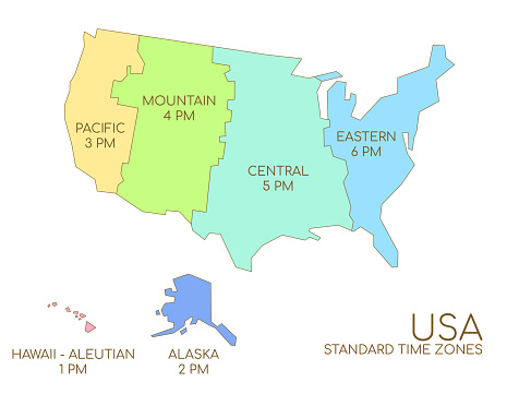 Vector illustration of the map of the United States of America with the standard time zones.