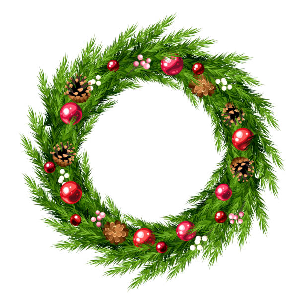 istock Christmas wreath with fir branches, Christmas balls, and pine cones. Vector illustration 1449985693