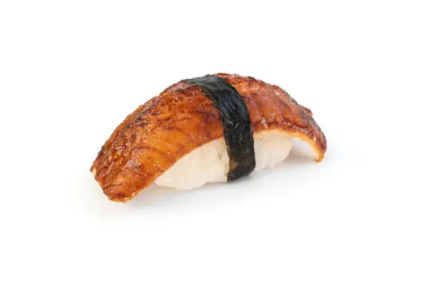 Sushi nigiri with eel Unagi isolated on white background. Japanese traditional cuisine
