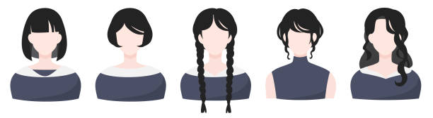 Black hair girl with many hairstyle variations Flat illustration of five anonymous women with various hairstyles. It includes braids, short hair, and long hair. The impression is somewhat gloomy and dark. short human hair women little girls stock illustrations
