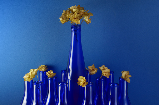 Yellow Flowers in the Blue Bottles/Studio Shot