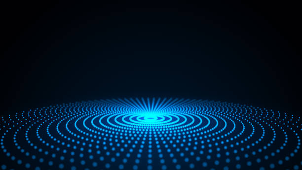 istock Futuristic wave. Dark cyberspace. Abstract sound wave with dots. White moving particles on a blue background. 3d rendering. 1449991504