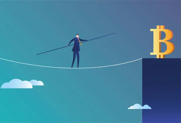 Vector illustration of Business man walks to Bitcoin on the wire rope