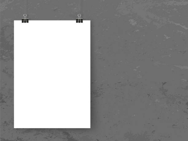 istock Posters on binder clips. Paper mock up on grey grunge wall. Modern empty template for your design. Vector banner mockup for picture, painting, drawing, quotes poster or photo. 1449995924
