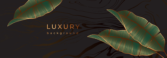 Luxury botanical banner with golden banana leaves. Linear branches on marble black background. Bronze color banana leaf with veins