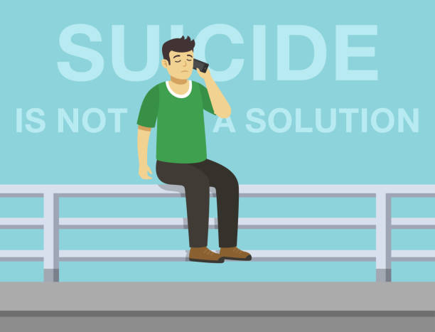 ilustraciones, imágenes clip art, dibujos animados e iconos de stock de el personaje masculino se sienta en una barandilla de puente y habla por teléfono. - falling suicide men built structure