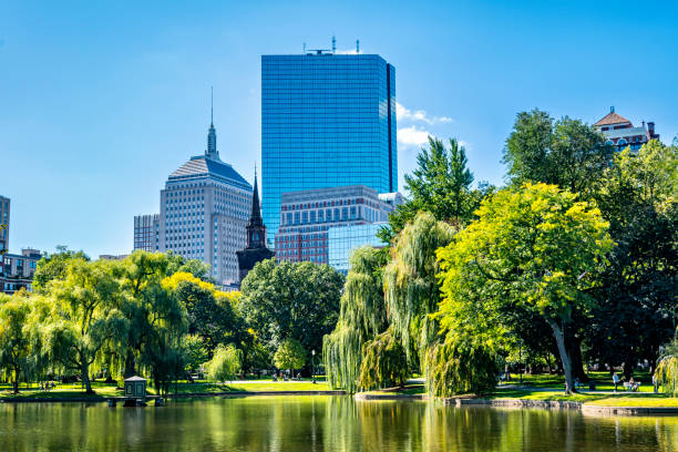 Boston Common Park and the Downtown City Skyline with Lake and Trees, Boston, USA stock photo