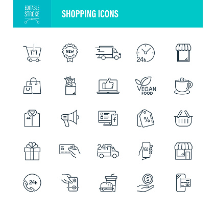 Shopping Icon Set. Editable Stroke. Contains such icons as E-Commerce, Shopping Mall, Retail, Store, Business, Delivery