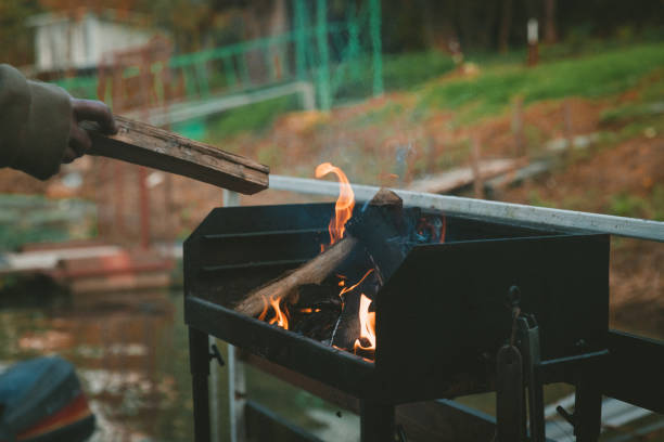 istock Man's hand put firewood in burning fireplace 1450006638