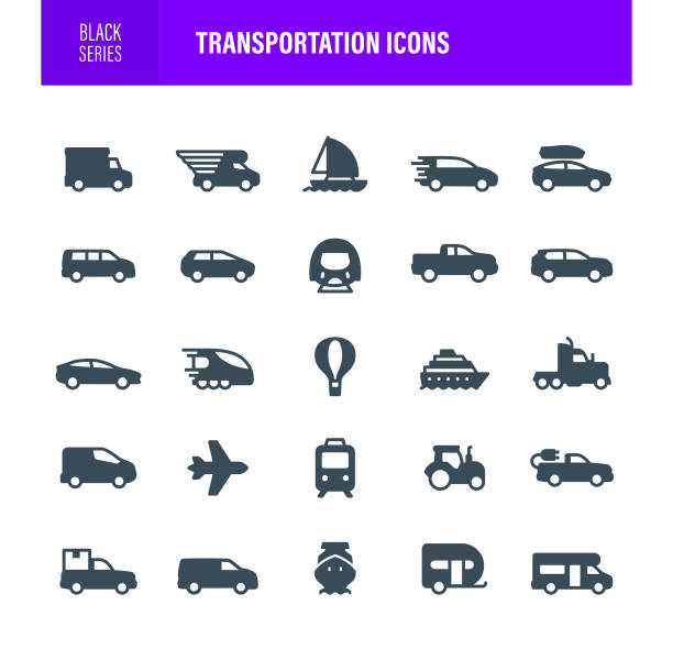 транспорт иконы черный силуэт - silhouette bus symbol motor scooter stock illustrations