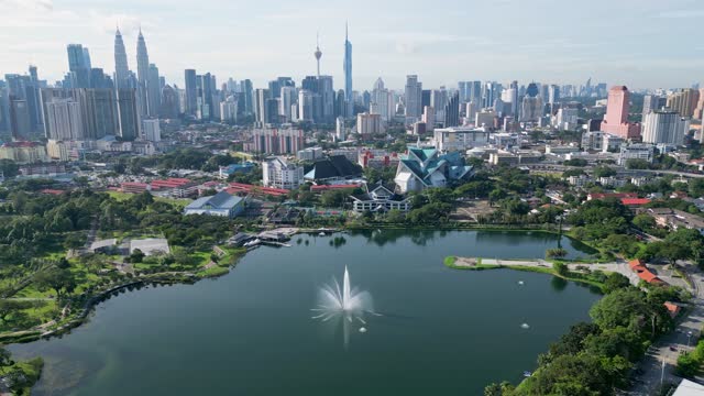 Aerial view green lush scenery of fountain at Taman Tasik Titiwangsa