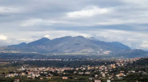 Mountain village Diamante, Calabria, Italy. View of the Roofs of Houses, Mountains Near the Coast of the Tyrrhenian Sea. Quiet, Calm Life Among Italians.