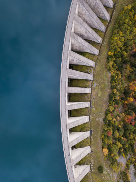 water dam view from above, renewable energy, hydro electricity stock photo