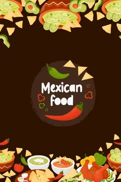 Vector illustration of Mexican food. Seamless vector vertical border with Latin American dishs Quesadilla, Taco, guacamole sauce with nachos, green and Tomato Soup, Achiote Chicken on black background with chili pepper.