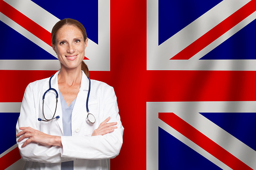 English general practitioner doctor gp on the flag of UK