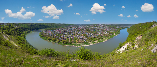 Amazing spring view on the Dnister River Canyon. View to Zalishchyky town, Ternopil region, Ukraine.